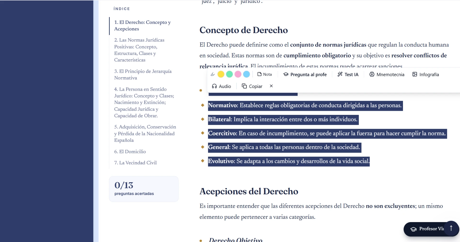 Vista de Temario interactivo en OpoAcademia