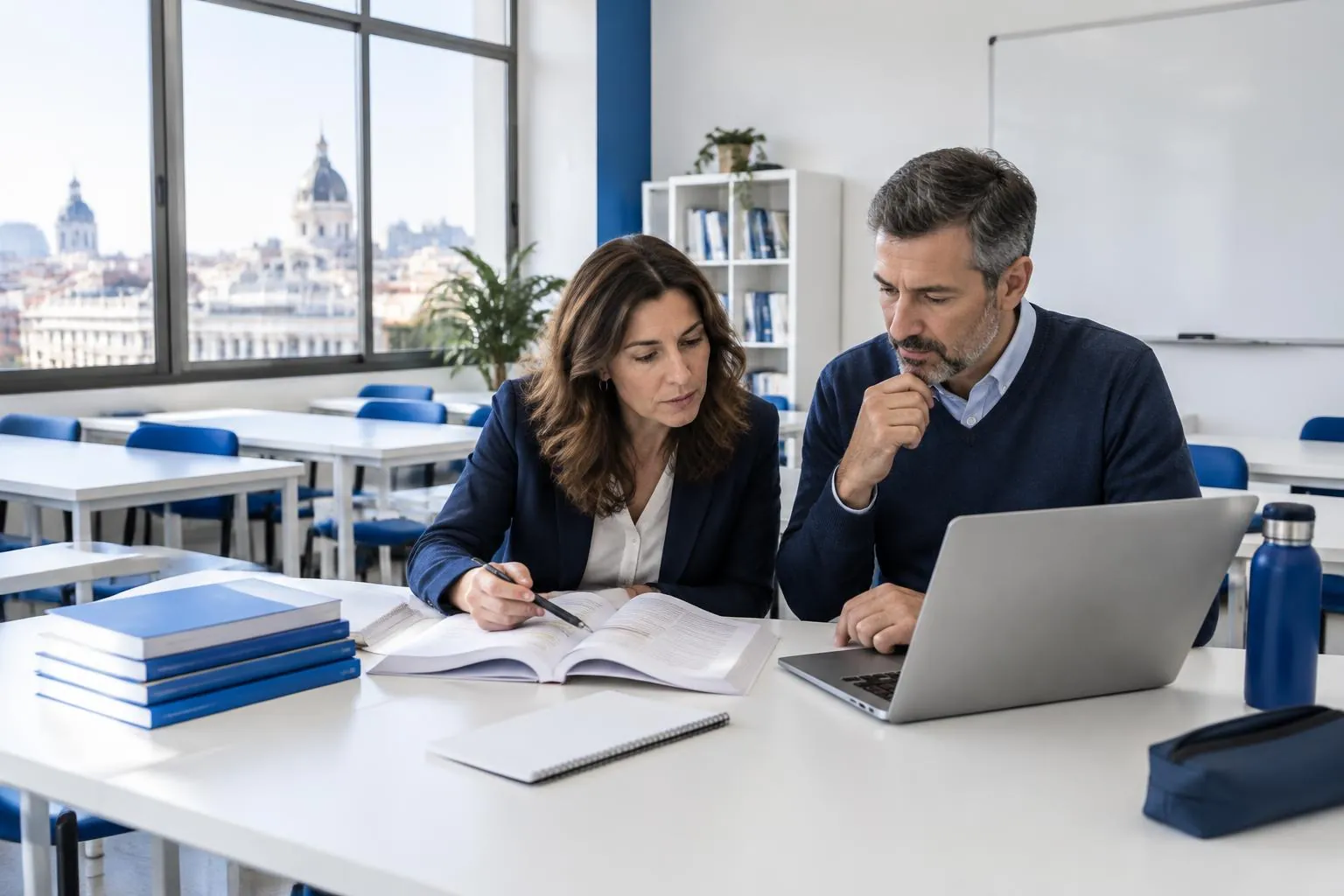 Equipo docente trabajando juntos en una academia luminosa